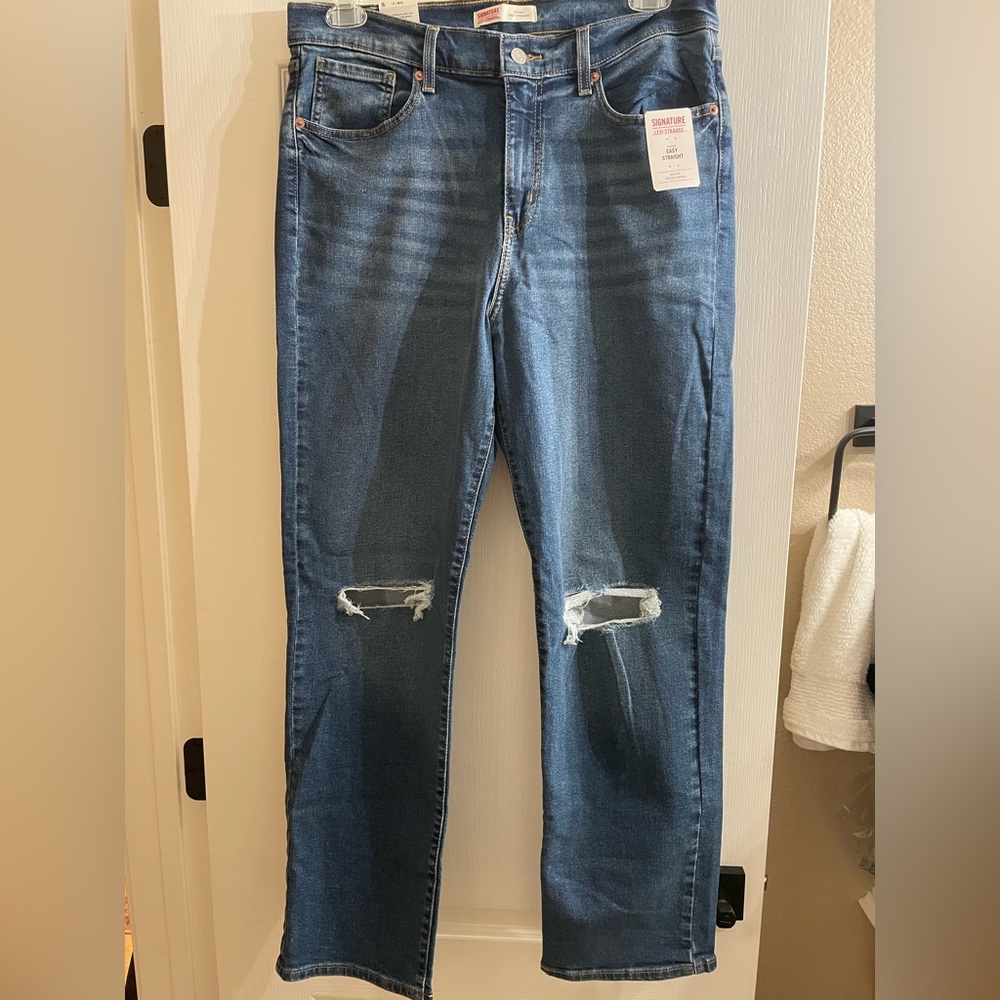 Levi's Women's Blue Distressed Jeans Heritage Straight Leg Knee Size 14 32